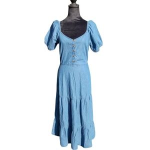 Women's Cotton Coastal Cowgirl Denim Midi Dress Puff Sleeve Western Milkmaid - M